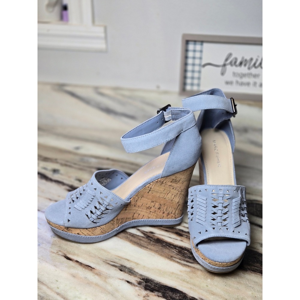 Marc Fisher Blue Laser Cut Cork Platform Wedge Sandals Ankle Strap Womens 9